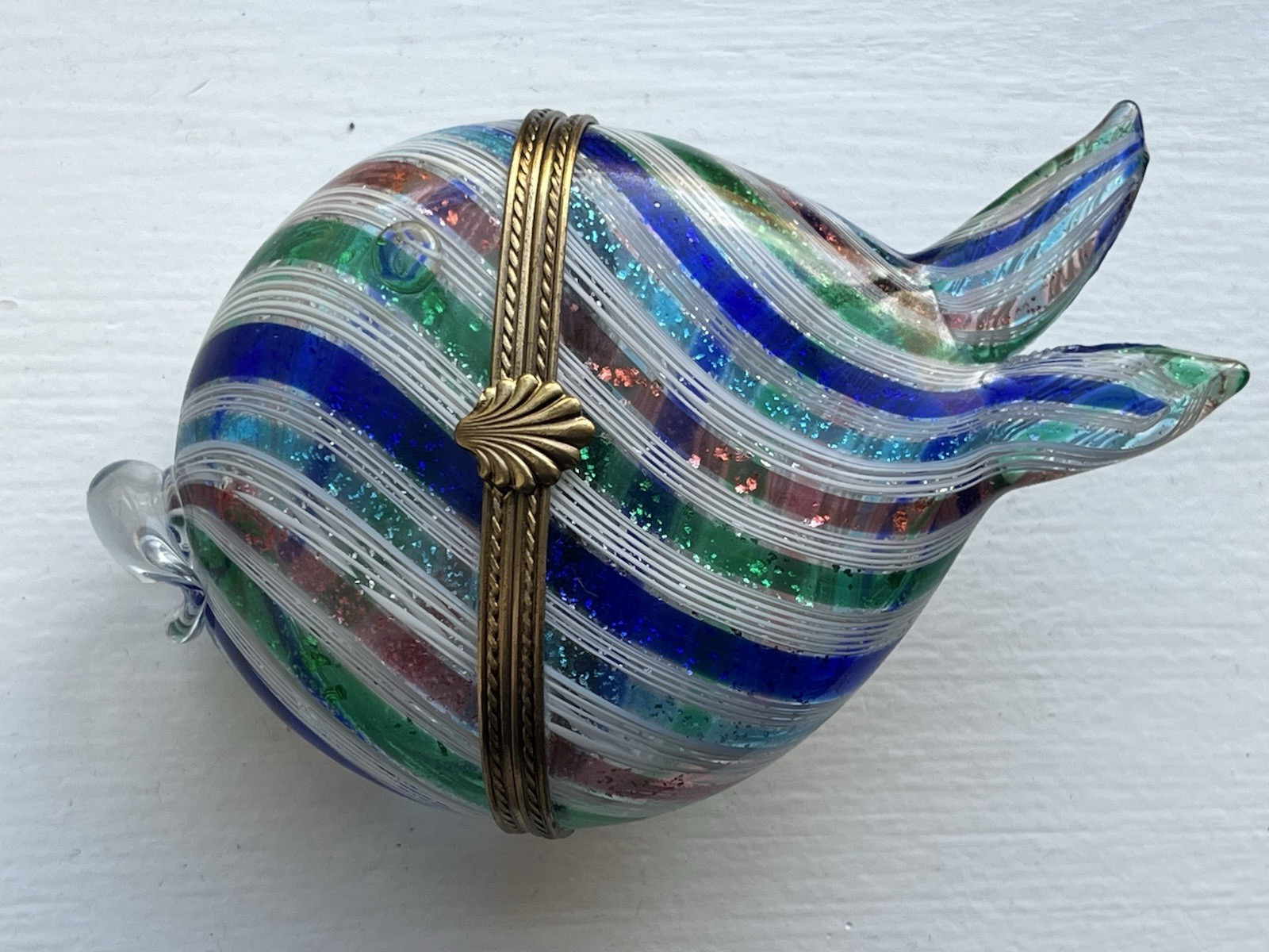 Vintage Murano Glass Latticino Rainbow Color Ribbon Fish Hinged Box