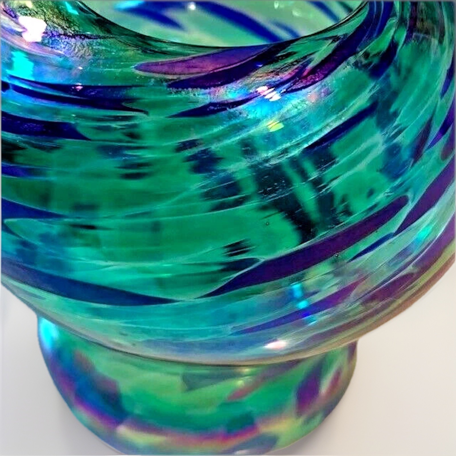 VTG Art Glass Vase Iridescent Blue Swirl Boho MCM Coastal New Orleans Signed 3″