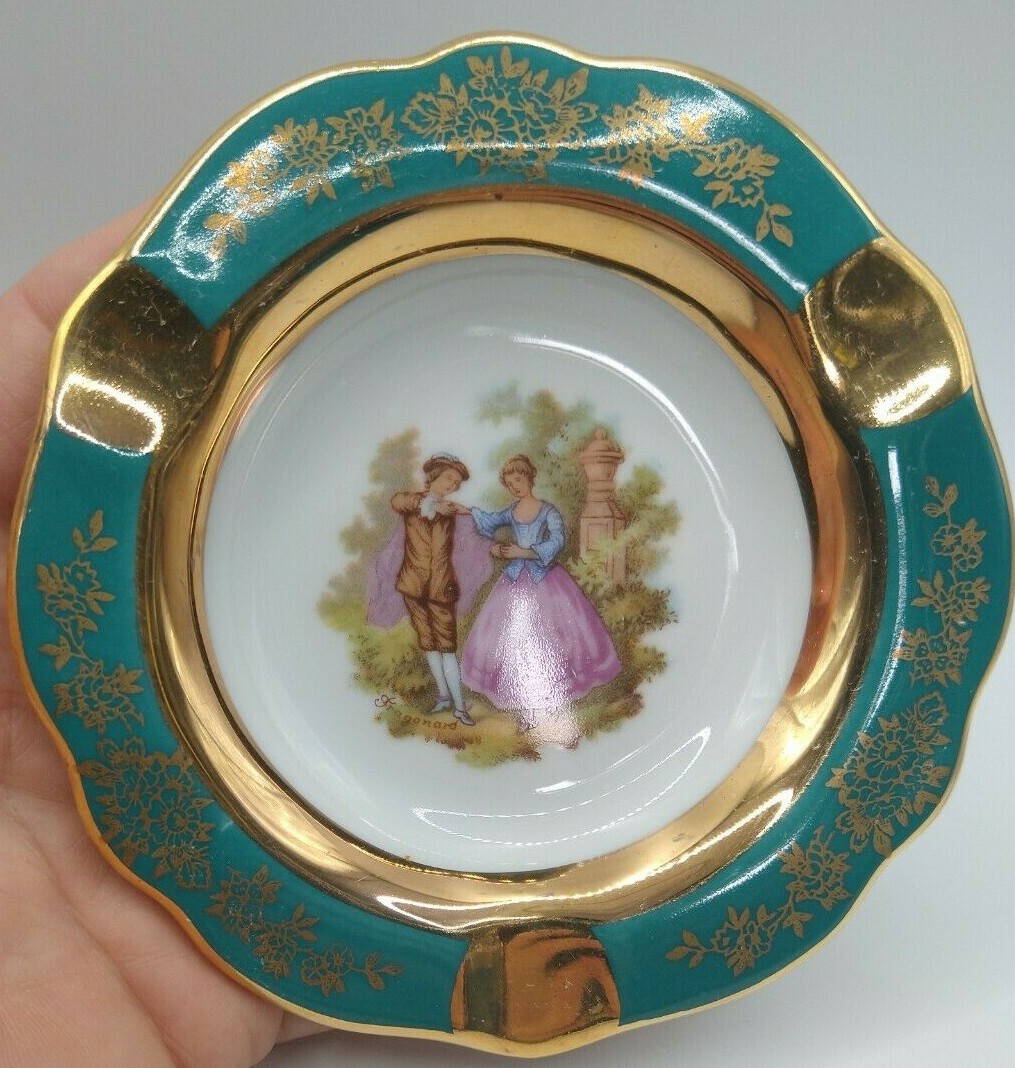 Limoges Castel France Painted Green Gold Romantic Couple Ashtray
