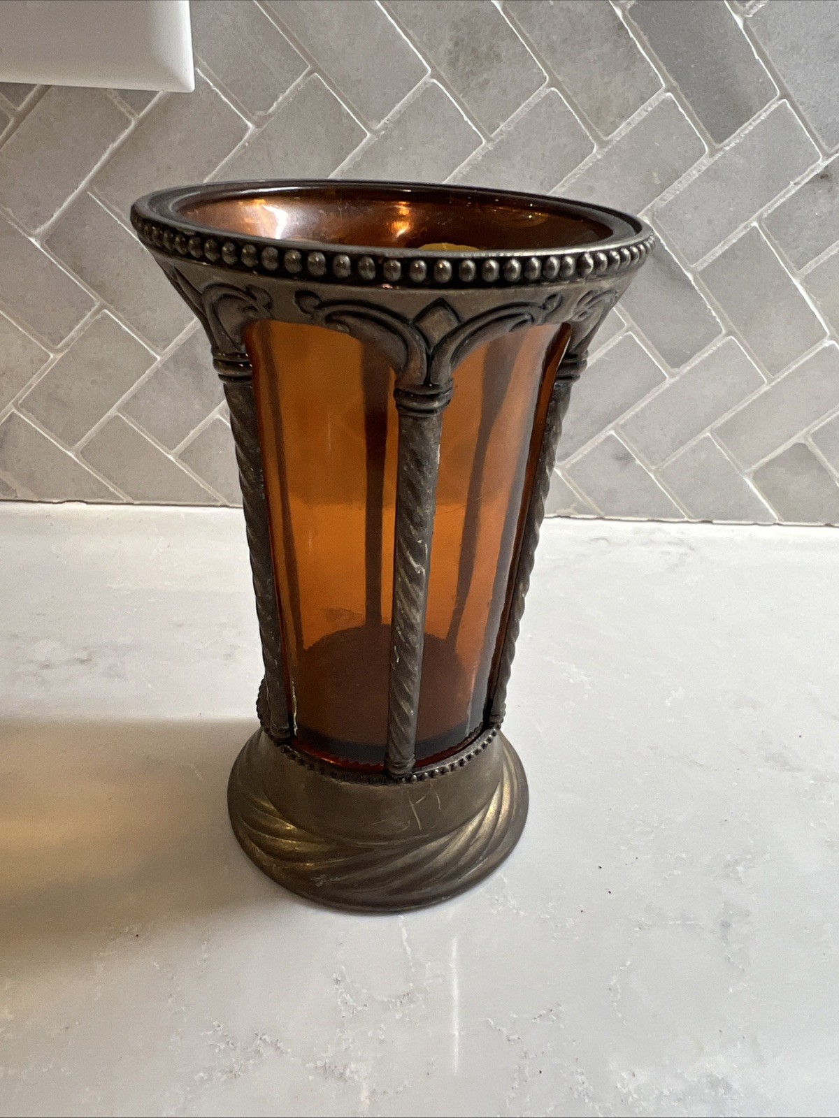 French Neoclassical Amber Art Glass Vase With Decorative Silver-Plated Metal