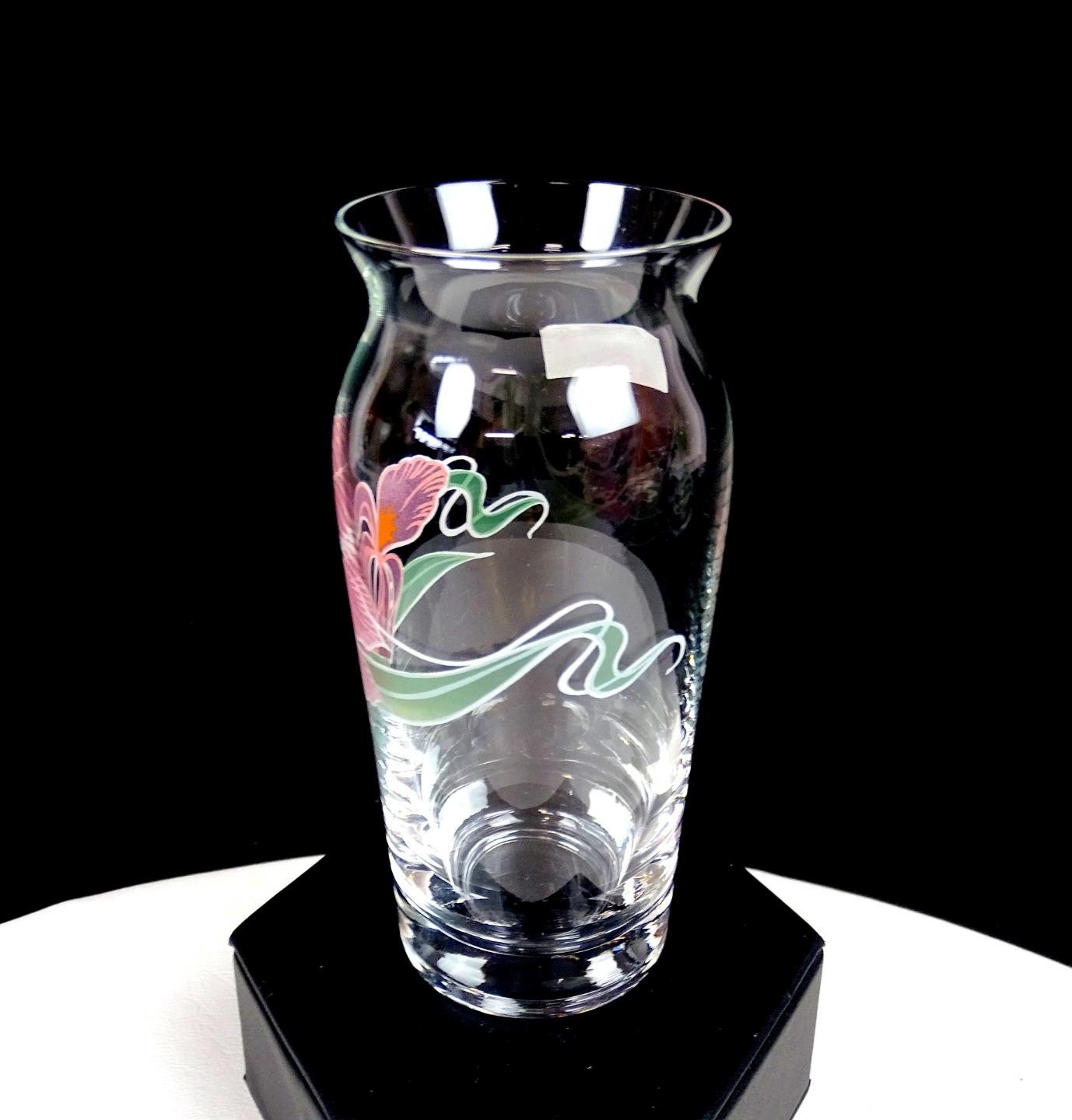 Bohemia Czechoslovakia Crystal Enamel Iris Flower Vintage 4 5/8″ Vase