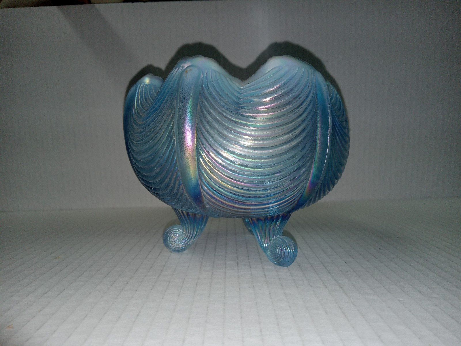 Fenton Blue Opalescent Glass Three Footed Rose Bowl Vase Drape