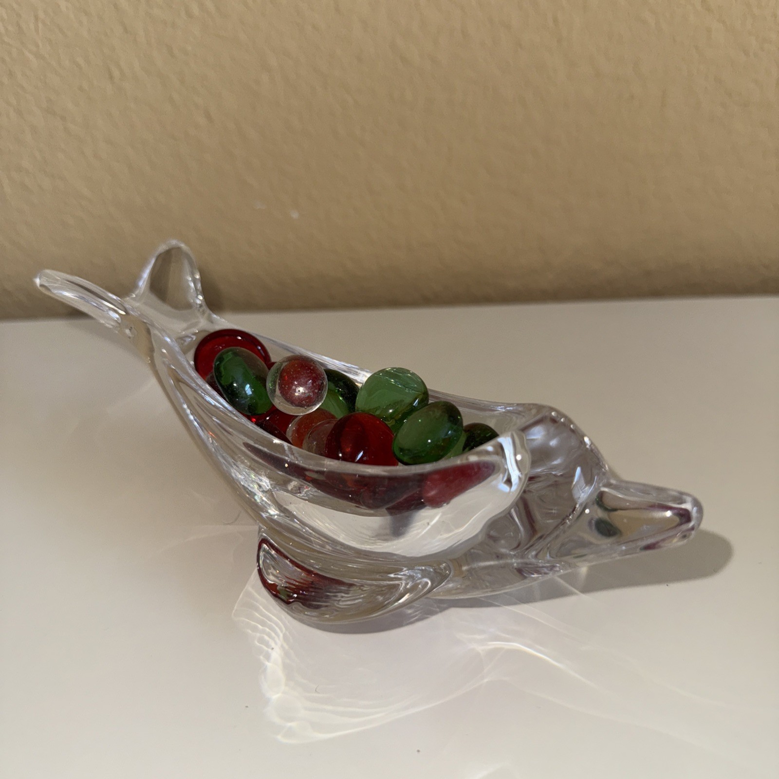 VTG Clear Glass Dolphin Figurine, 6.5″ L x 3″ W x 2.25″T Multi Color Marbles