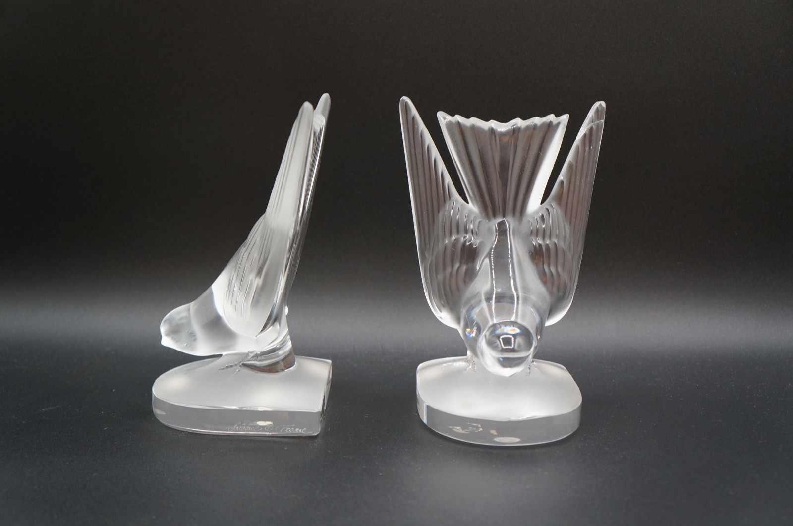 Lalique Crystal Deaux Hirondelles Two Swallows Paperweight Bookends Signed