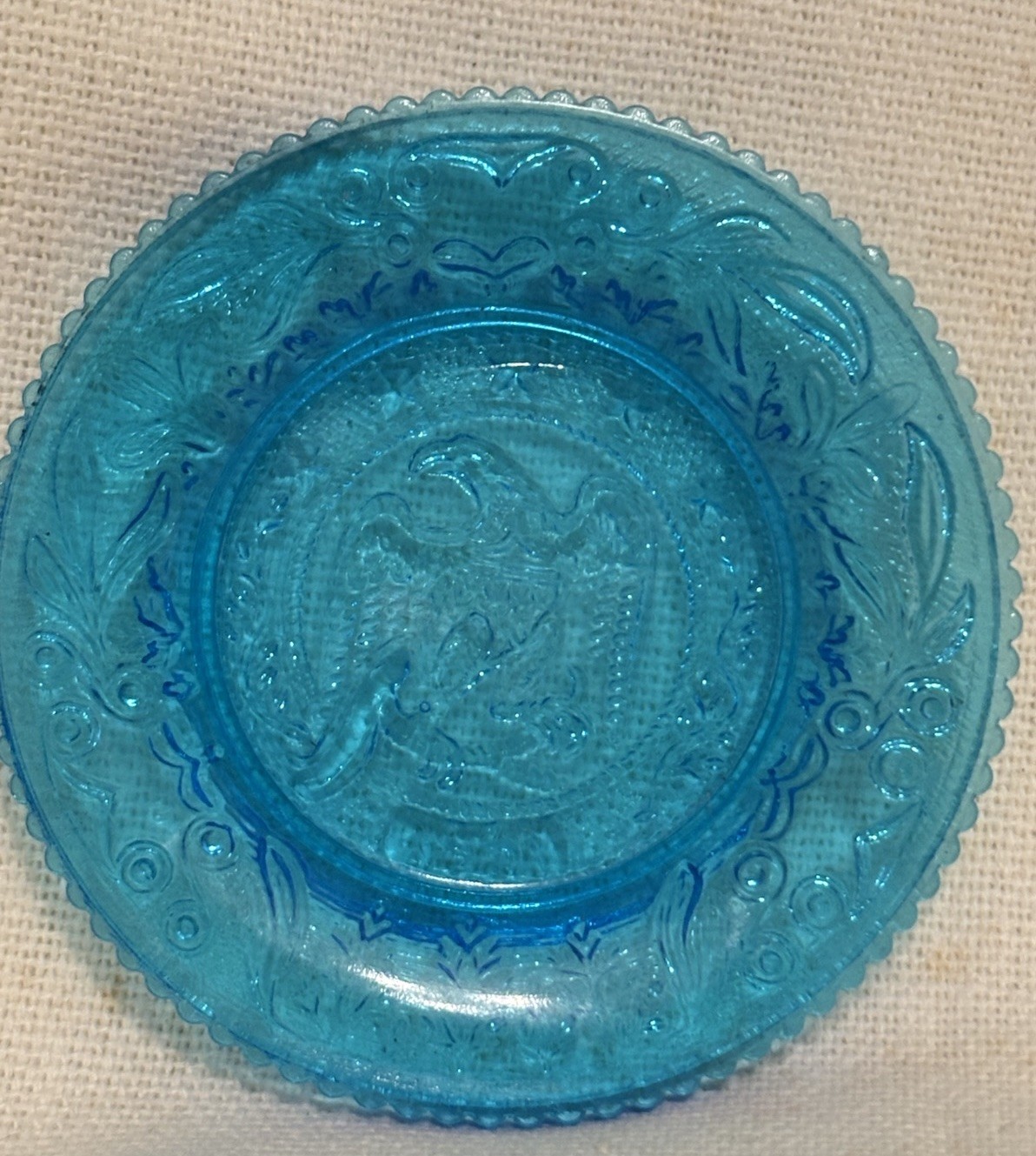 Vintage Eagle Miniature Glass Cup Plate Light Aqua Blue 3 3/8” Patriotic
