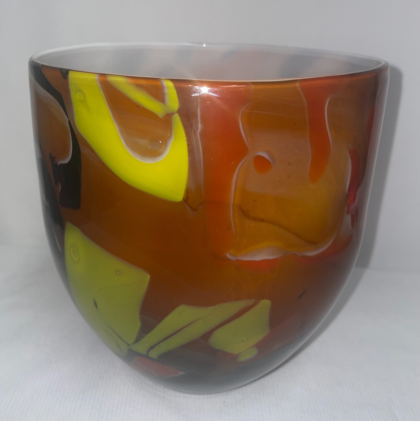 Hand Crafted Art Glass Bowl Vase Yellow Orange Black Brown & White 7 1/2 Inches