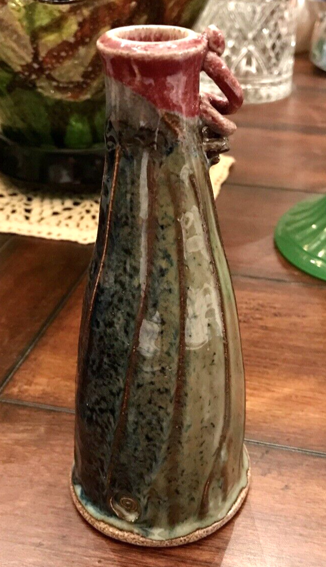 Studio Art Pottery Bud Vase Navy Blue Green Red Earthtones Ribbing Handle 7″