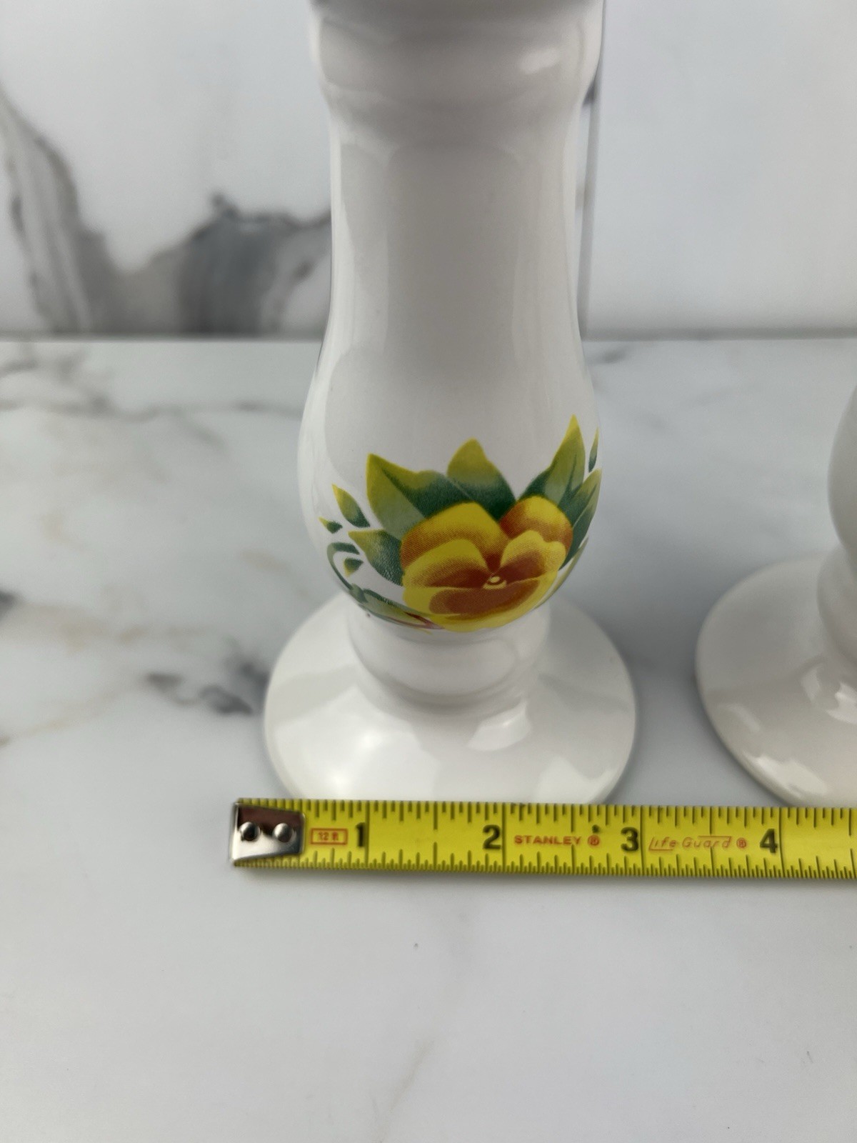 Vintage White Porcelain with Yellow Flowers Candle Stick Holders 6” Set Of 2