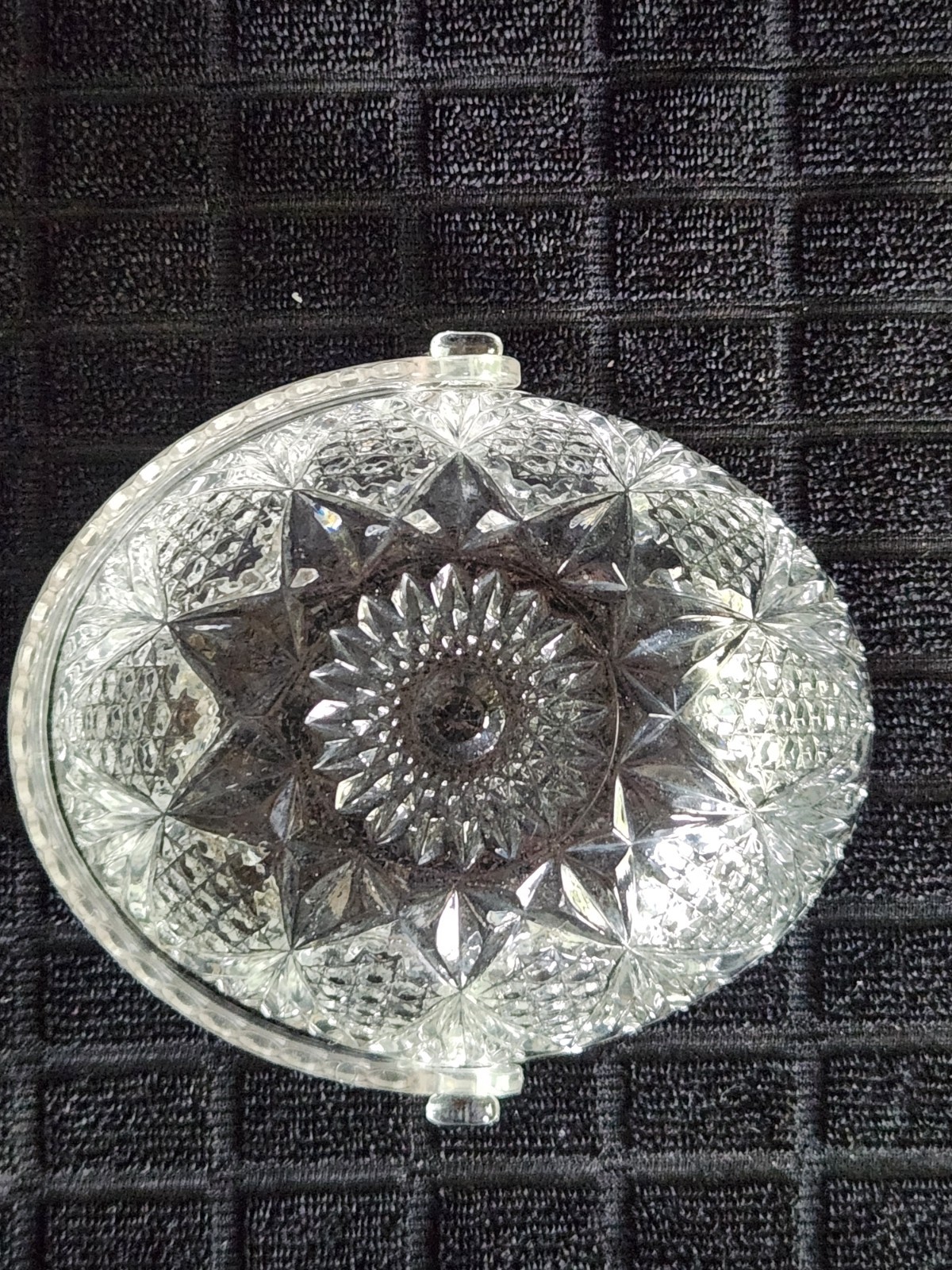 Vintage Glass Basket with Plastic Handle • Pressed Glass Diamond Pattern 5¼”×4½”