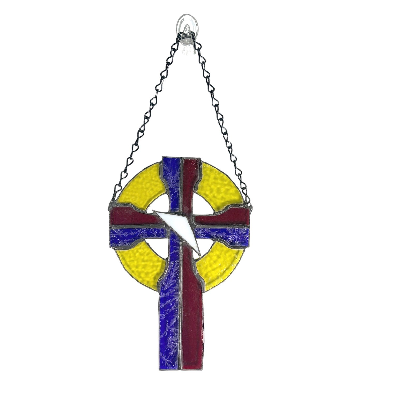 VTG Stained Glass Celtic Cross Suncatcher Red Blue Yellow Religious Glass Art