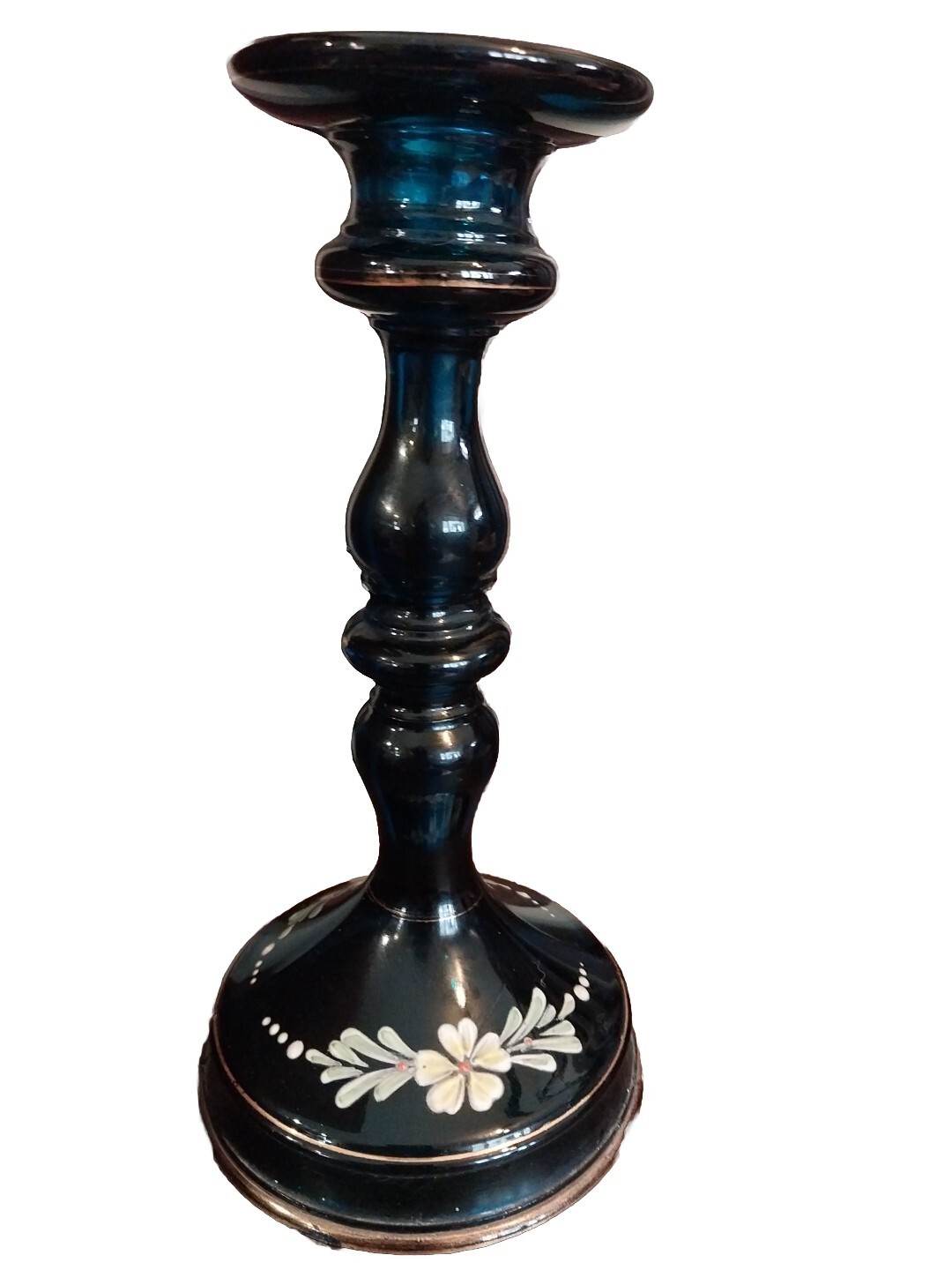 Tiffin Glass Candlestick Single 9″ Peacock Jasper Blue Hand Painted Floral