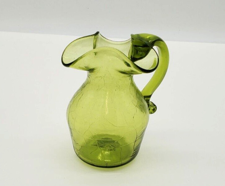 Vintage Chartreuse Green Carnival Crackle Glass Miniature Pitcher/Vase 5″ Tall