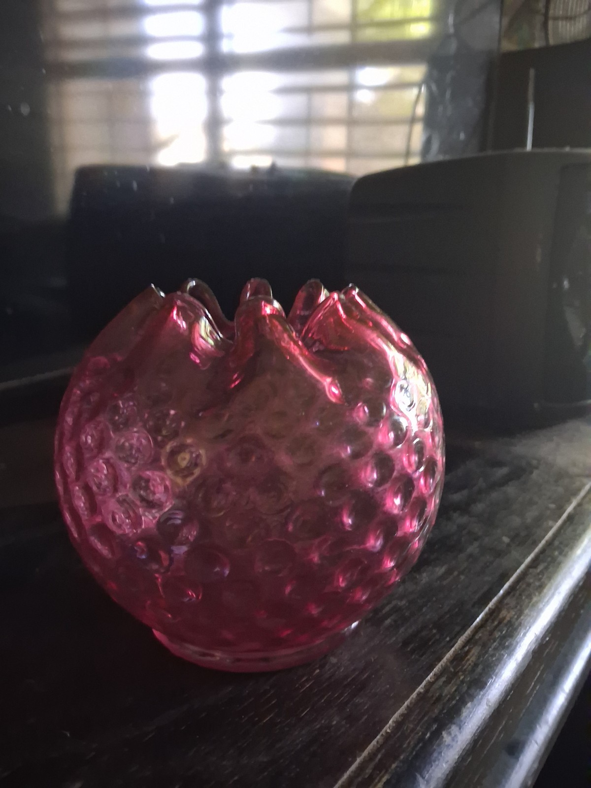 Fenton Cranberry Glass Rose Bowl Vase Reverse Coin Dot Crimped Ruffle ~ 5″ dia.