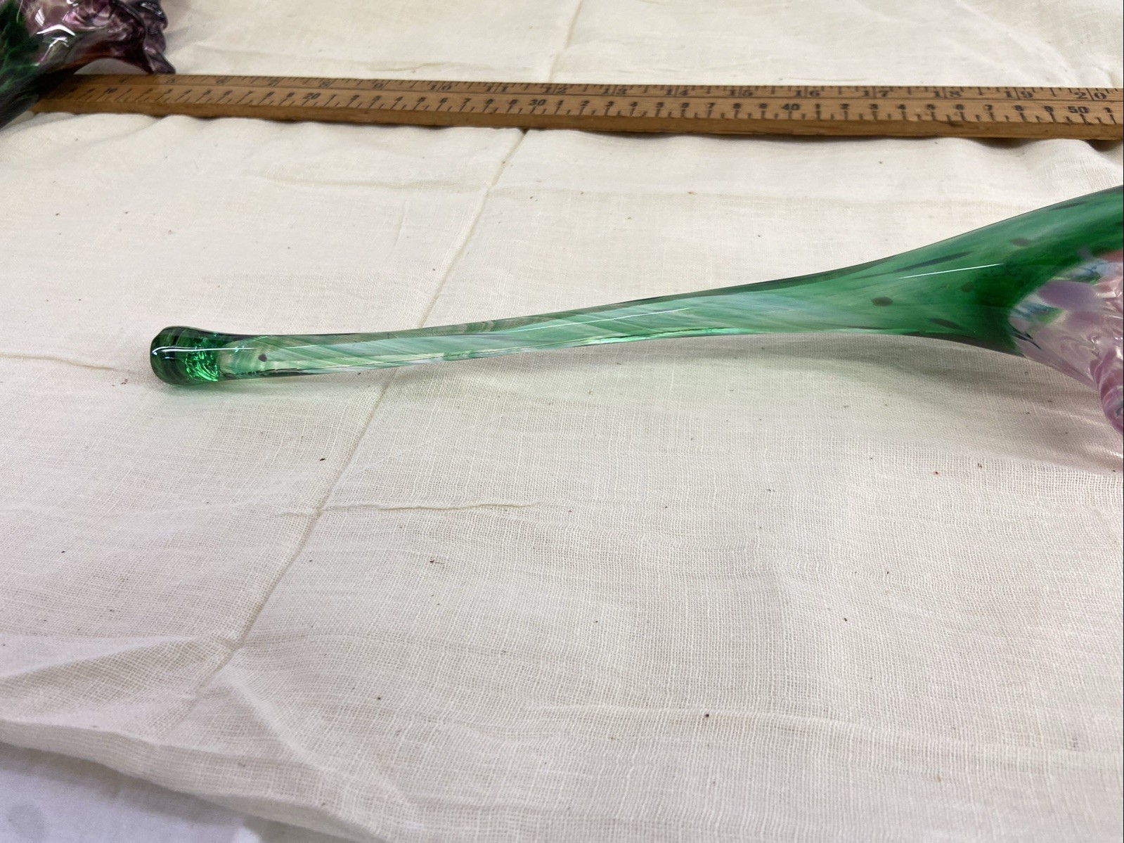 Two Vintage Handblown Art Glass Flowers Pink Purple & Green