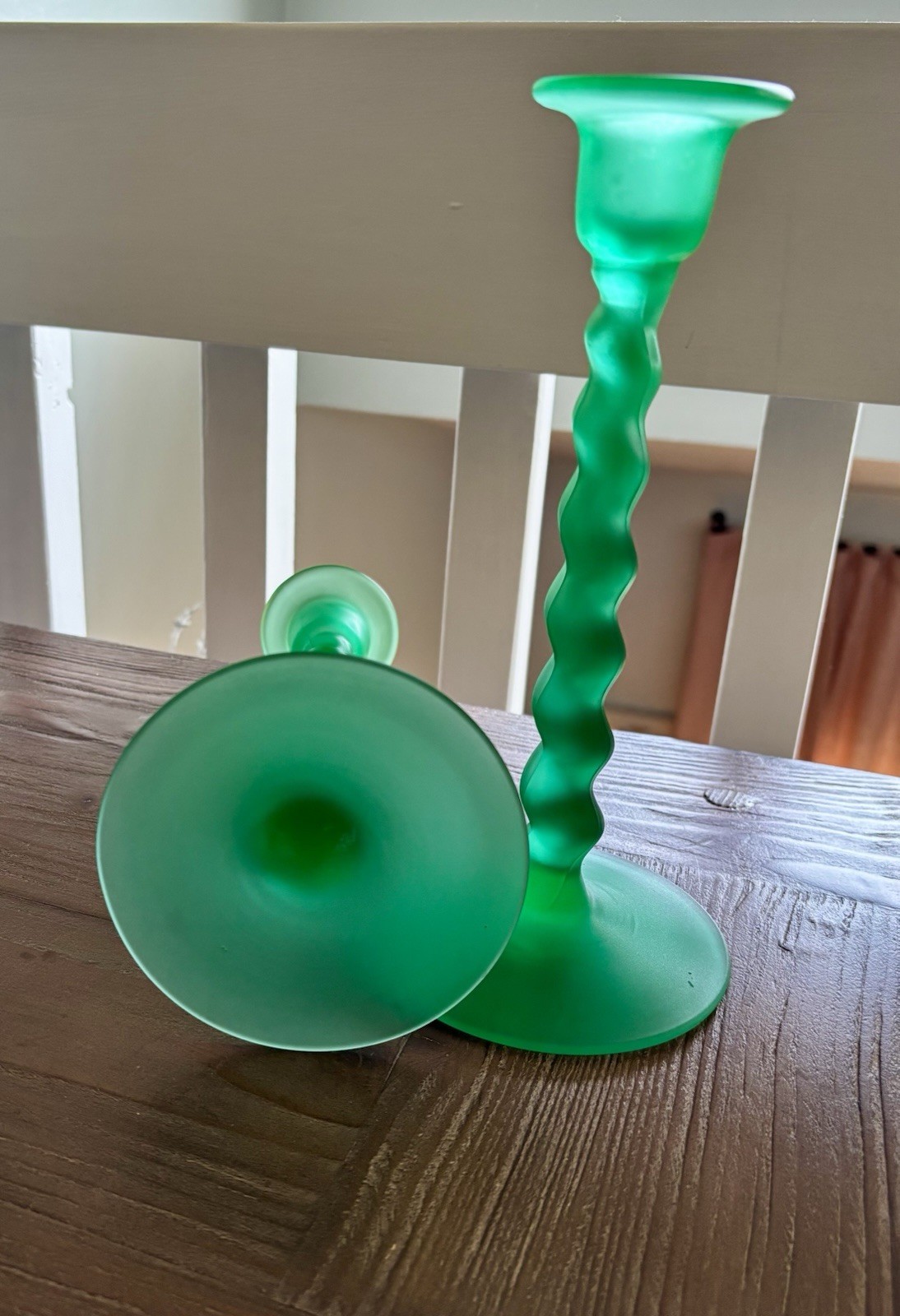 8 1/2” Tiffin Vintage Satin Green Uranium Glass Candlesticks,Beautiful,Glows!!