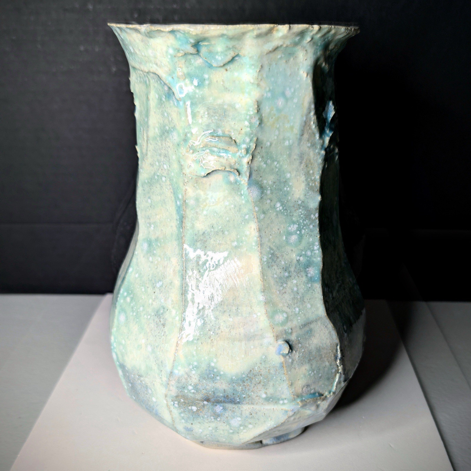 Faceted Sculpted Stoneware Vase Mint Green White Brown Flared Rim Crystal Blooms