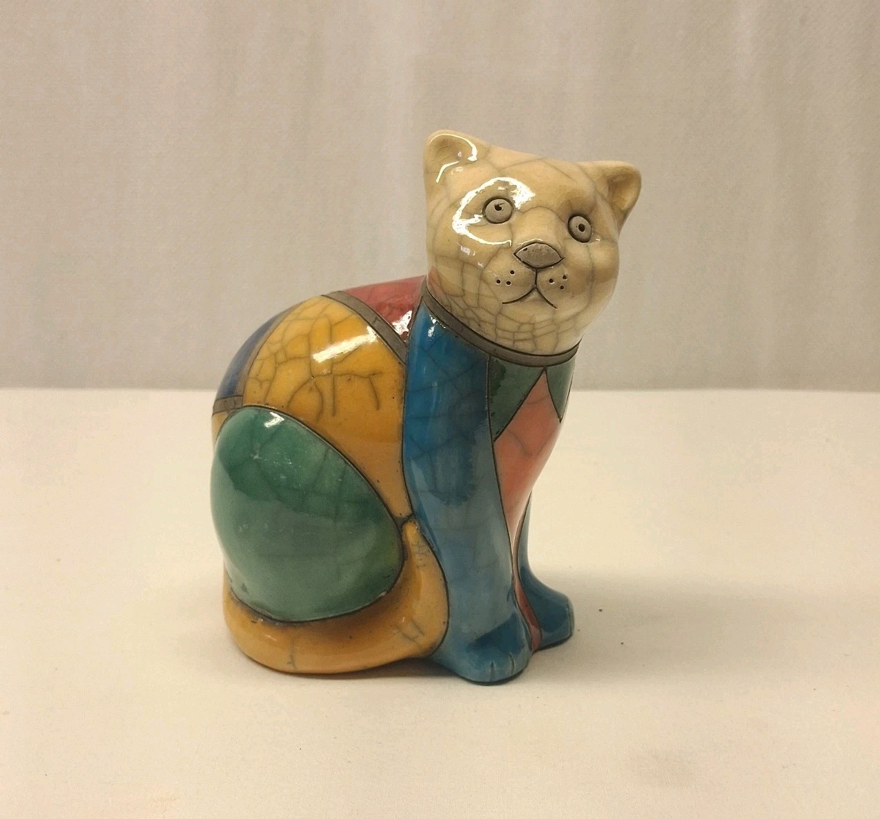 Vintage Fenix South African Raku Pottery Cat Figurine Patchwork Ceramic Art 5.5″