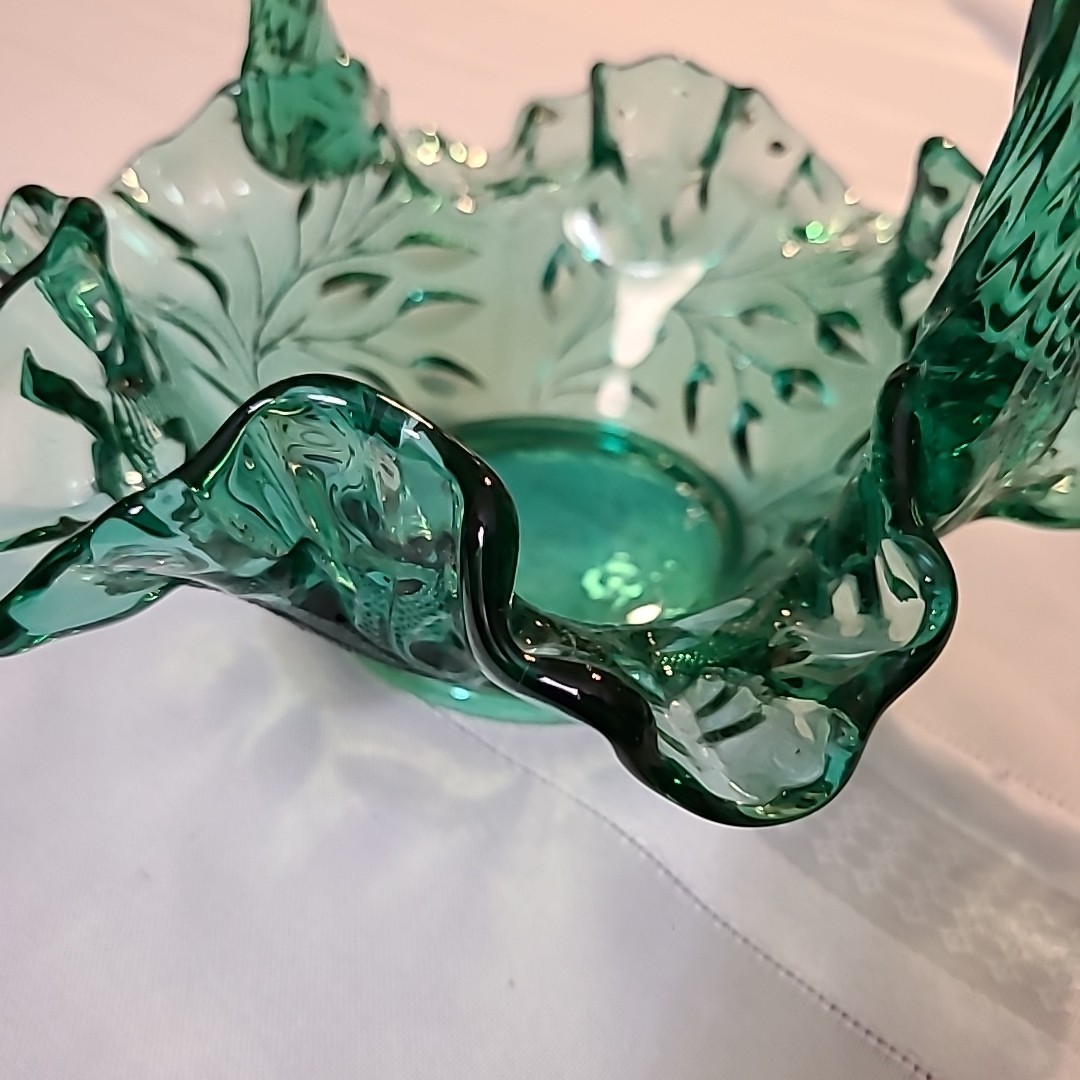 Vintage Fenton Art Glass Green Basket Twisted Handle Candy Dish 7″H & 7″D