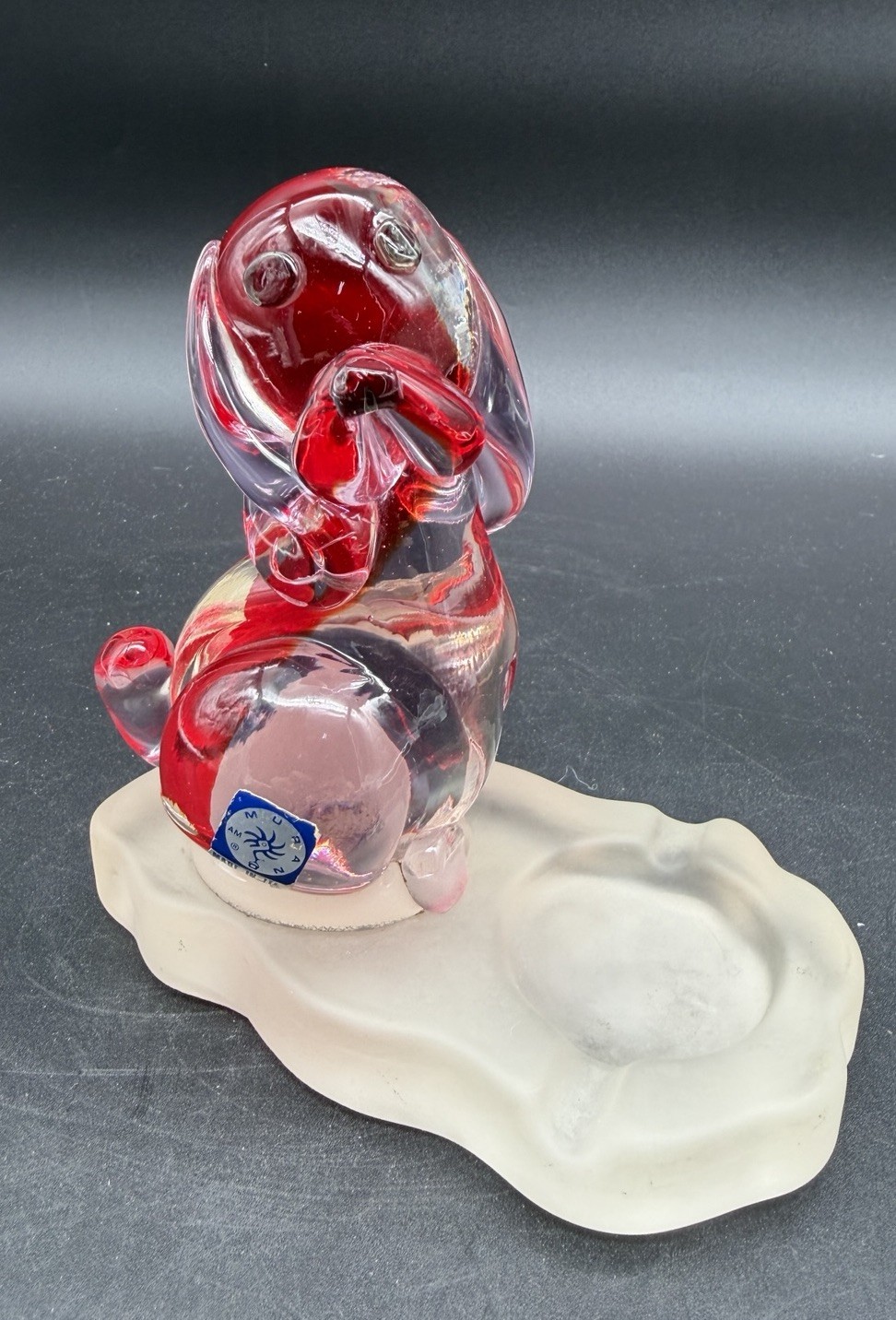 Murano Glass Hound Dog Sitting On Frosted Glass Ashtray Trinket Dish Rare VTG