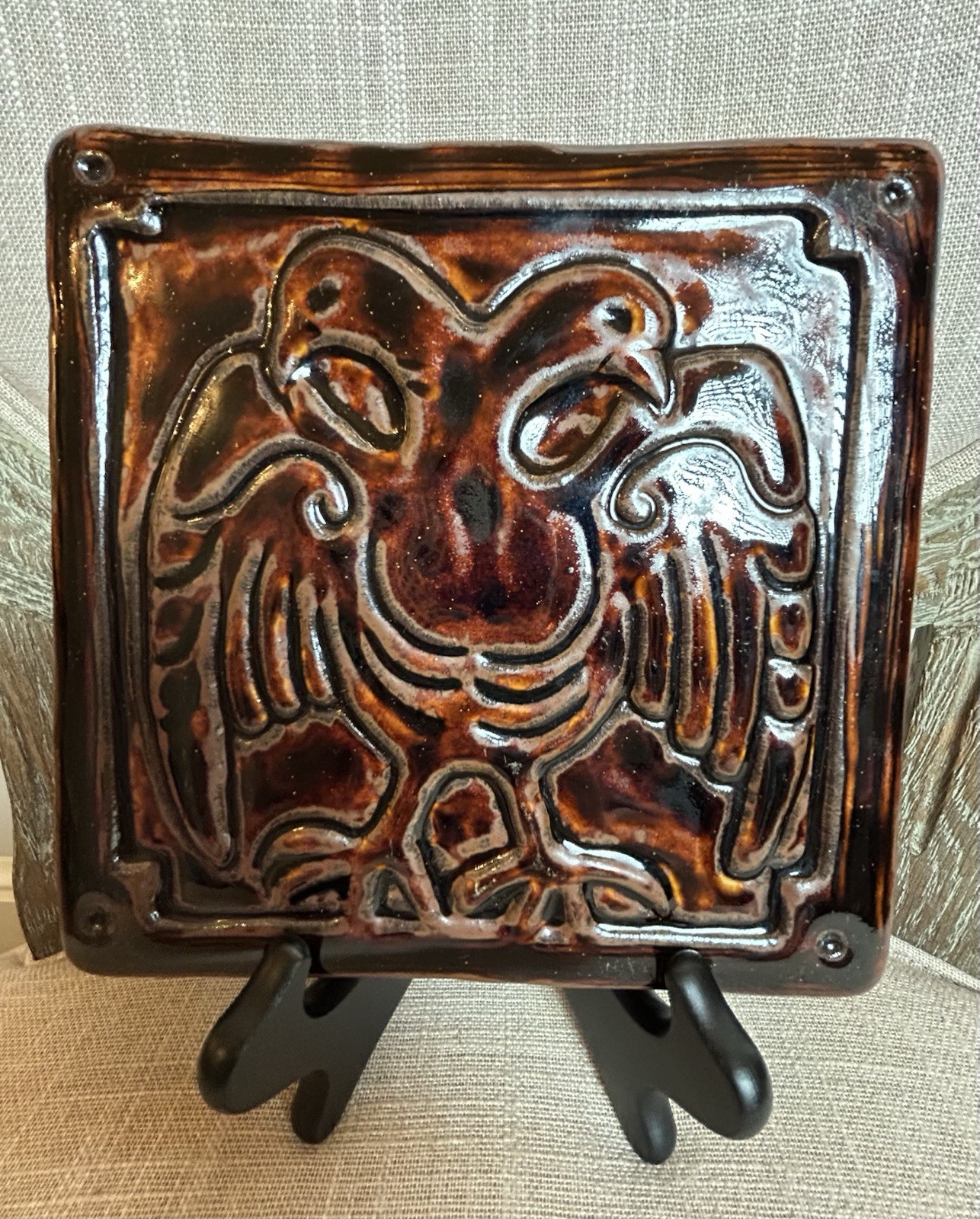 VTG Pewabic Pottery Two Headed Imperial Eagle 7.5” Tile With Tortoiseshell Glaze