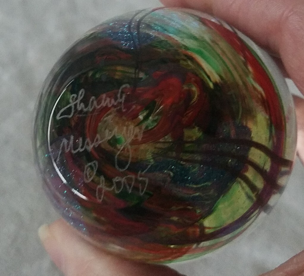 Signed 2005 Shawn Messenger Glass Paperweight W/Box 3 1/2″