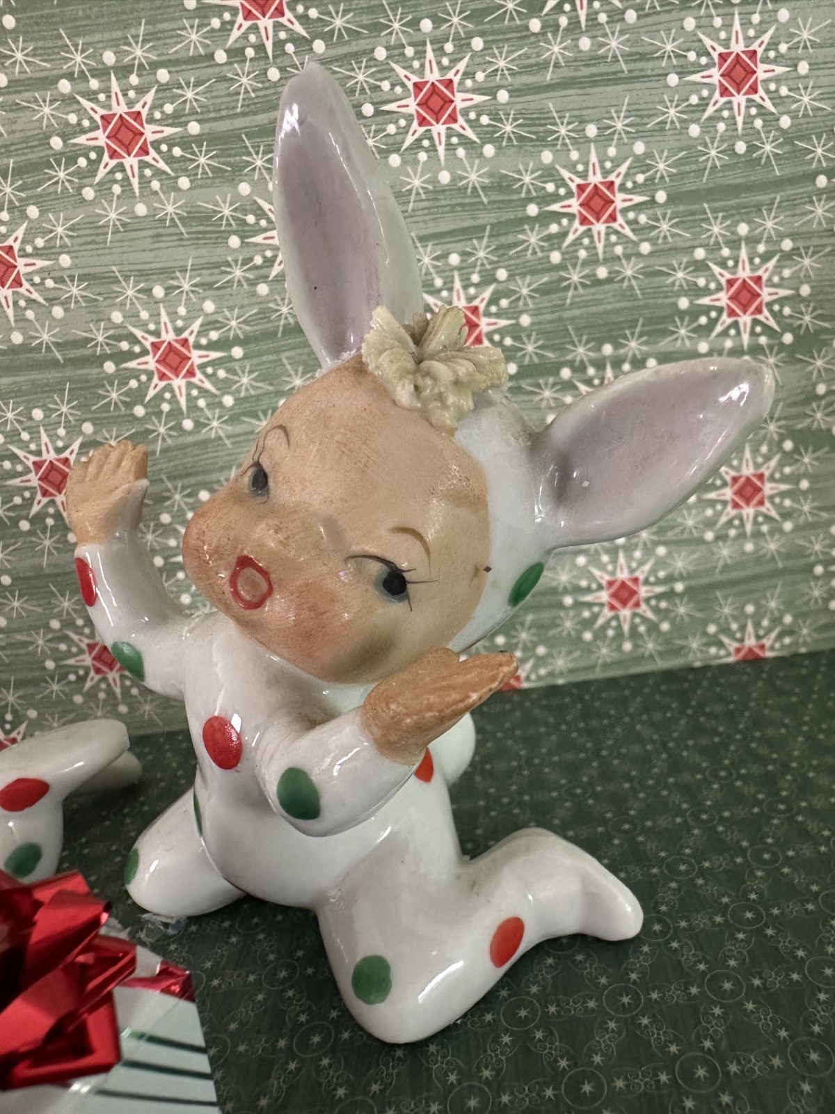 Vintage Polka Dot Pixie Bunny Figurines Japan SET OF 2 with accessories