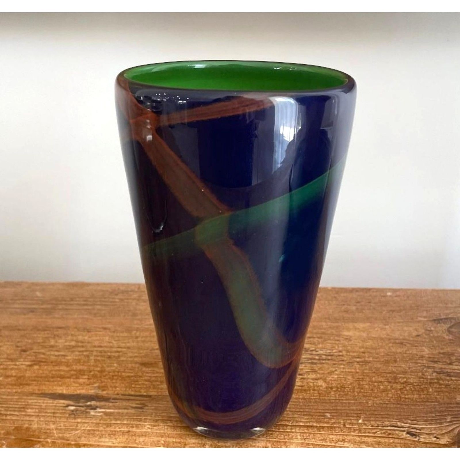 Vintage Soholm Danmark Blue Glass Vase with Cross Ribbon Accents