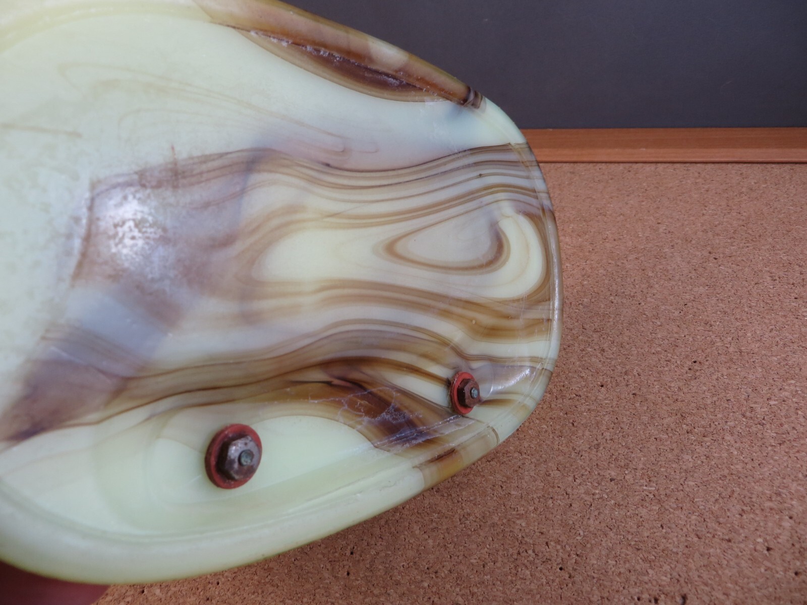 Antique Art Deco Gold Enamel Metal Lion Figurine Swirl Stripe Slag Glass Ashtray