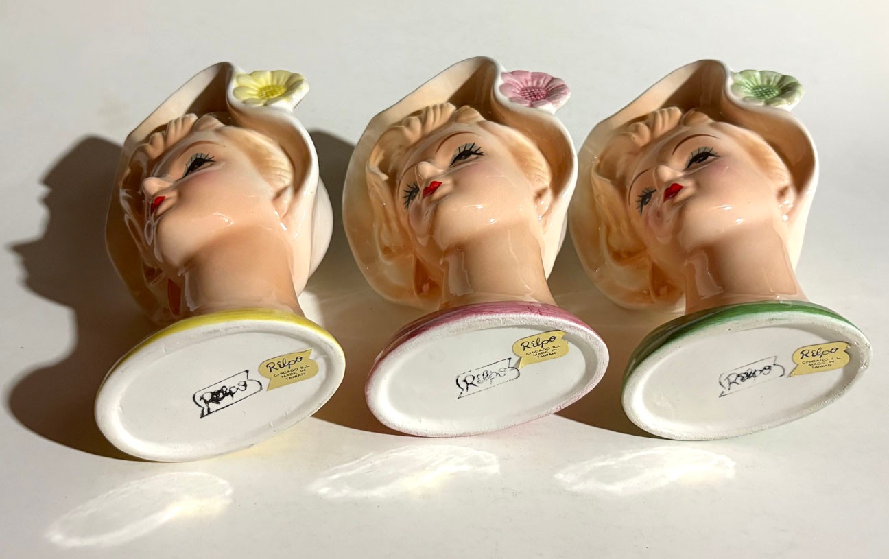 Set Of 3 Vintage 1960s? Lady Head Vases in Their Original Box! Relpo, Chicago
