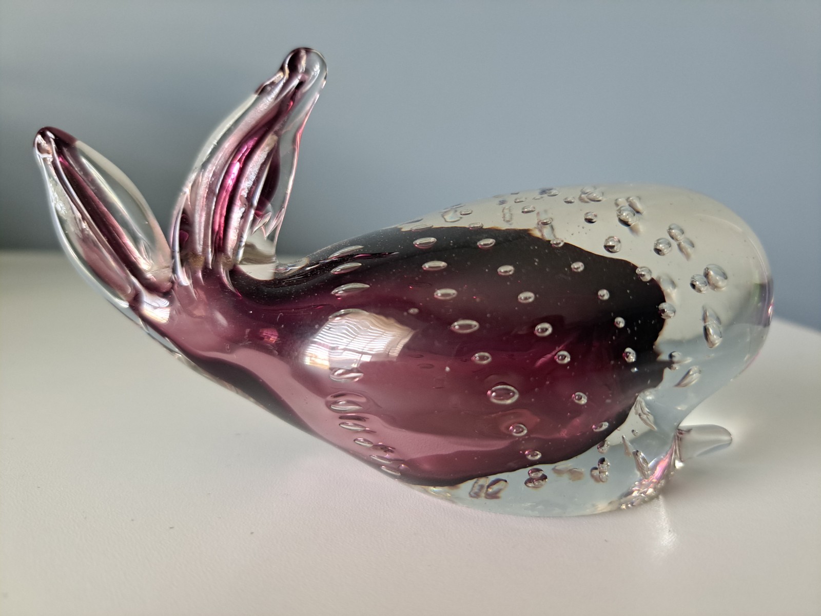 Vtg. Murano Style Art Glass Purple Whale Paperweight Sculpture Controlled Bubble