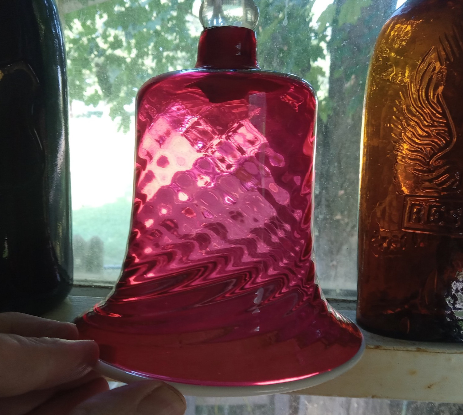 1880s CRANBERRY GLASS HAND BLOWN SWIRL OPTIC WEDDING BELL W/APPLIED OPAL RIM