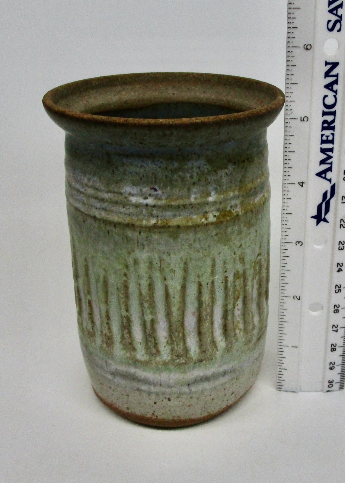 Art pottery small vase blue green matte finish 5 1/4″ textured surface hand made