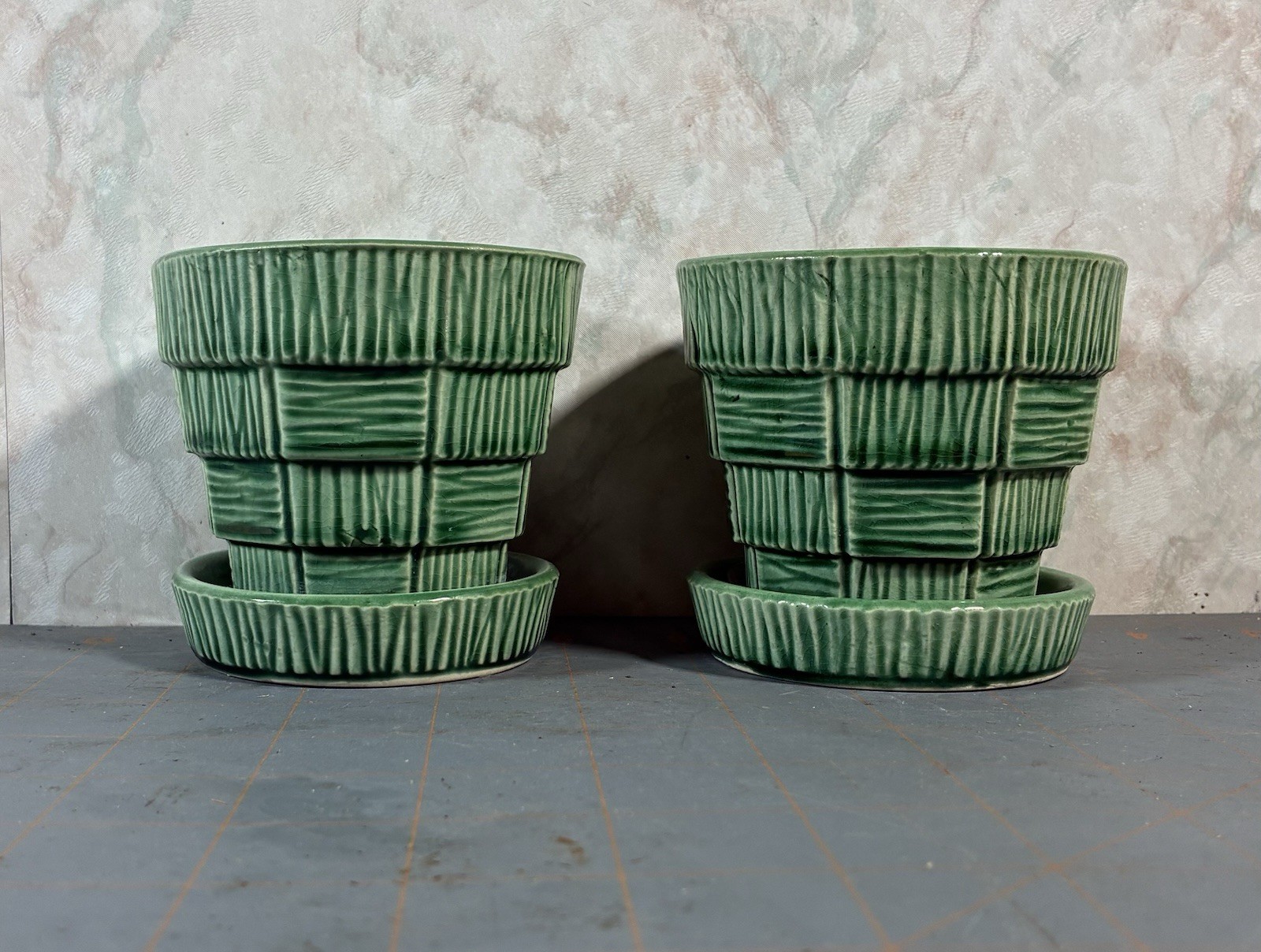 Pair Of Vintage 1950’s McCoy Basketweave Green Small 3 1/4″ Flower Pot Planter