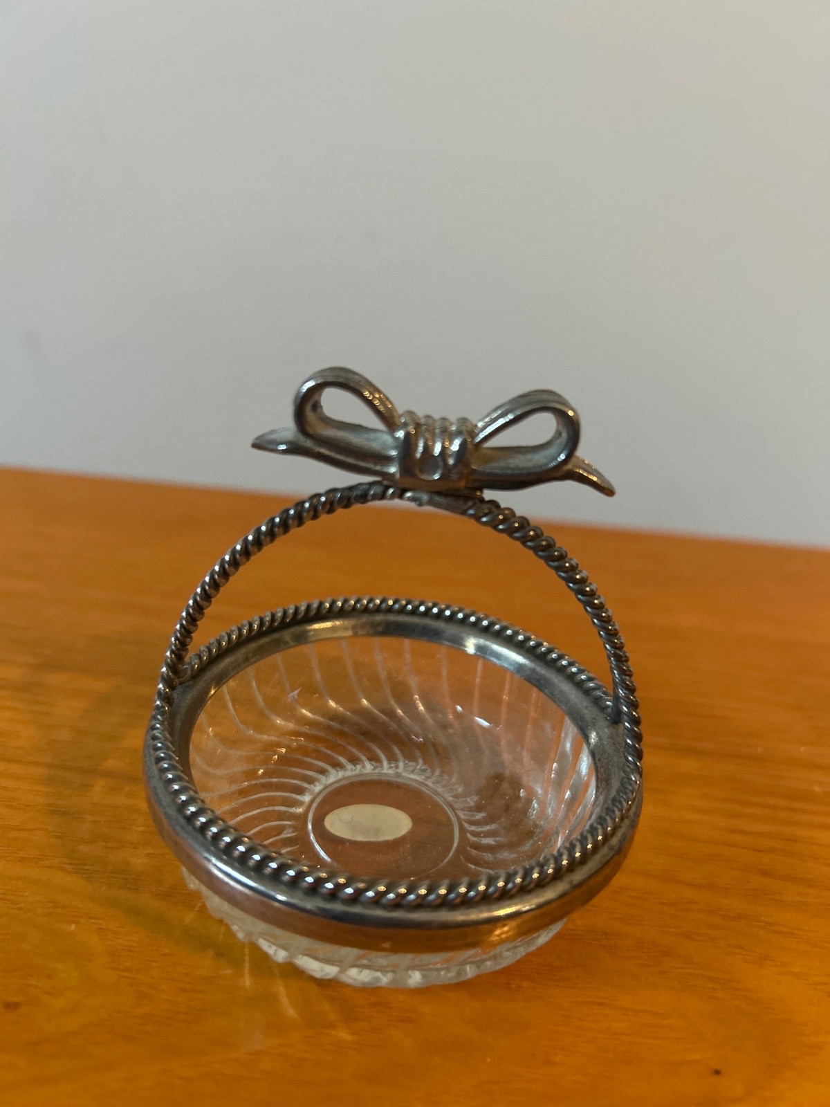 Crystal basket trinket dish with silverplated bow handle
