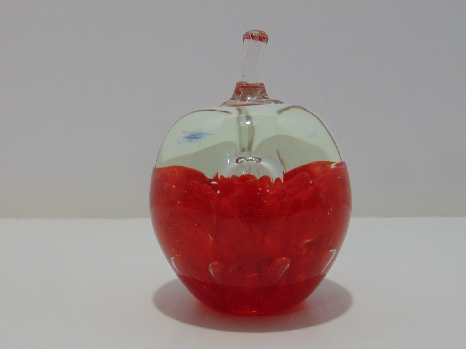 Joe St. Clair Art Glass Apple Paperweight Red Controlled Cloud And Bubble Signed