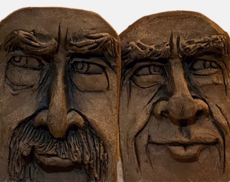 Vintage Matched Set Signed DLD Mid Century Studio Pottery Sculpted Face Bookends