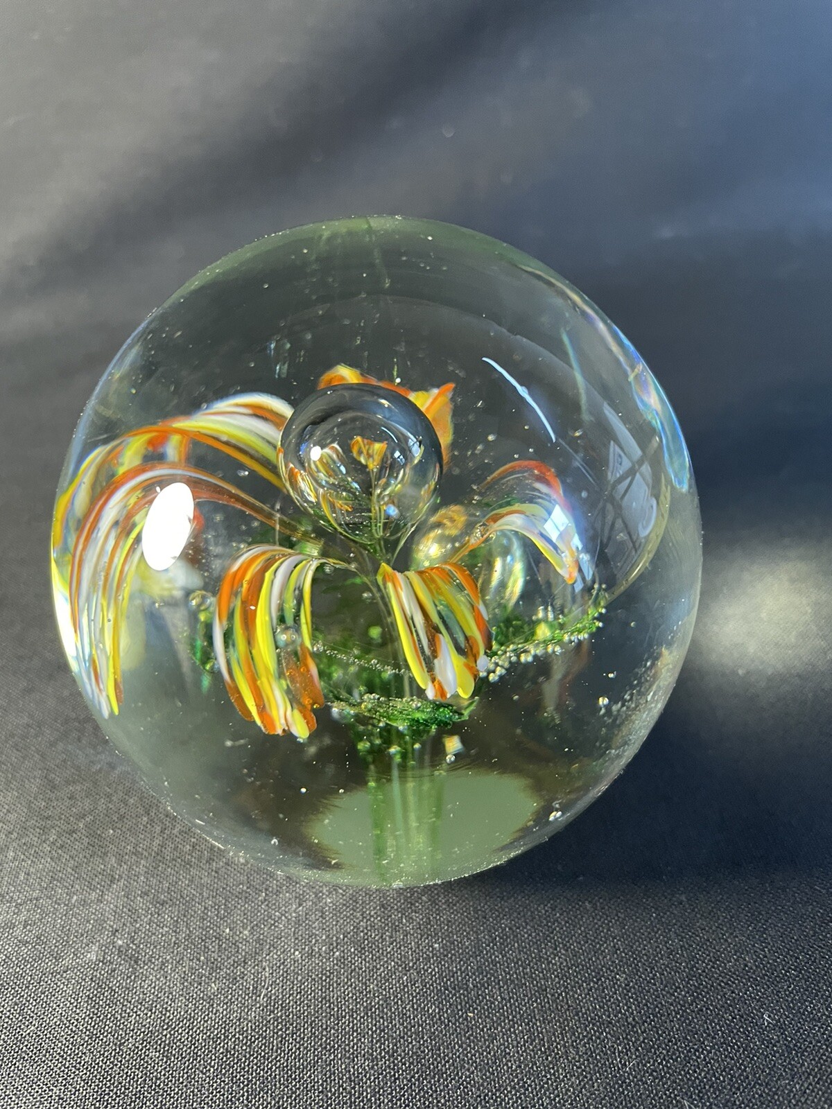 Vintage Flower and Controlled Bubble Glass Paperweight 2.75” tall