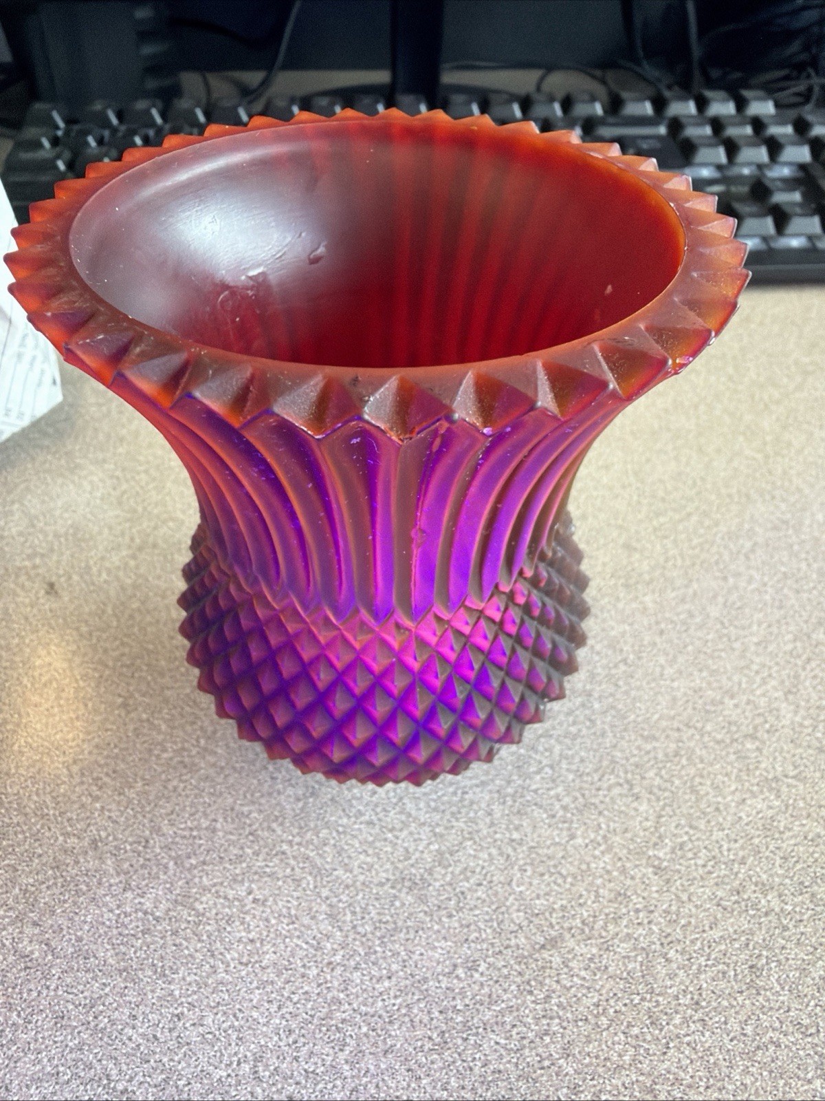 Vintage Faroy Red Glass Diamond Point Votive Candle Holder glows Like Uranium!