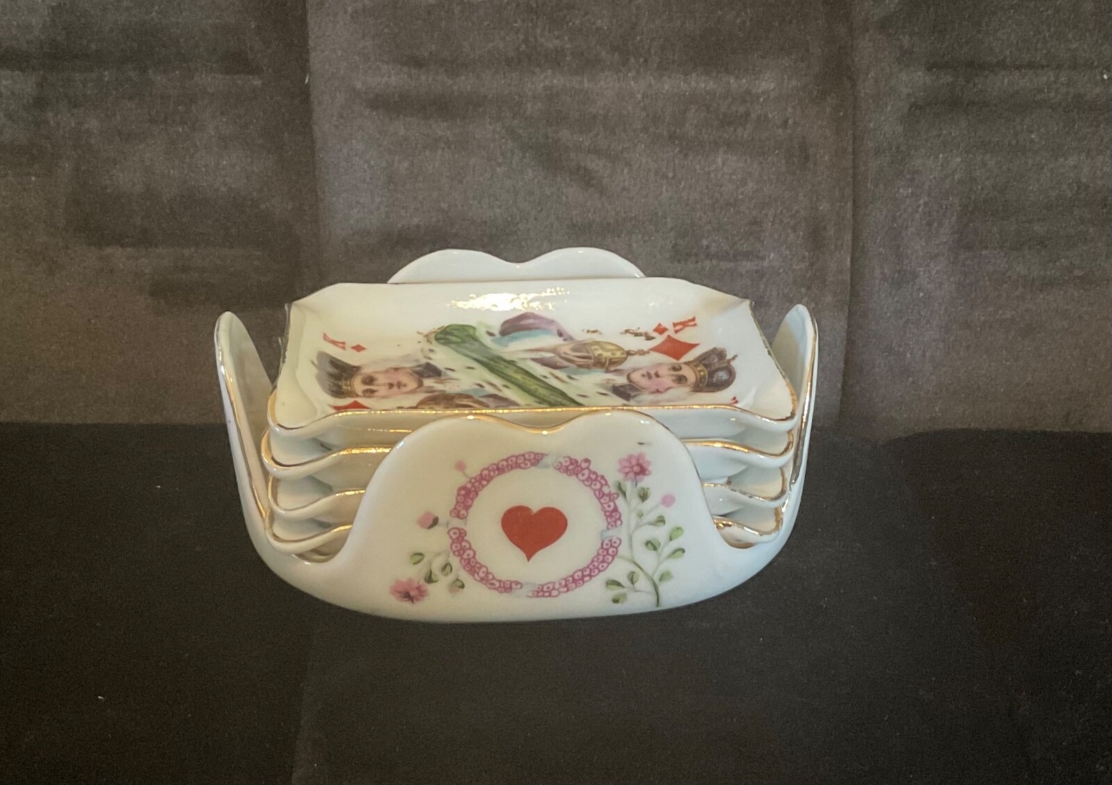 Ardalt Hand Painted Porcelain Bridge Playing Card Ashtrays Set of 4 in Holder