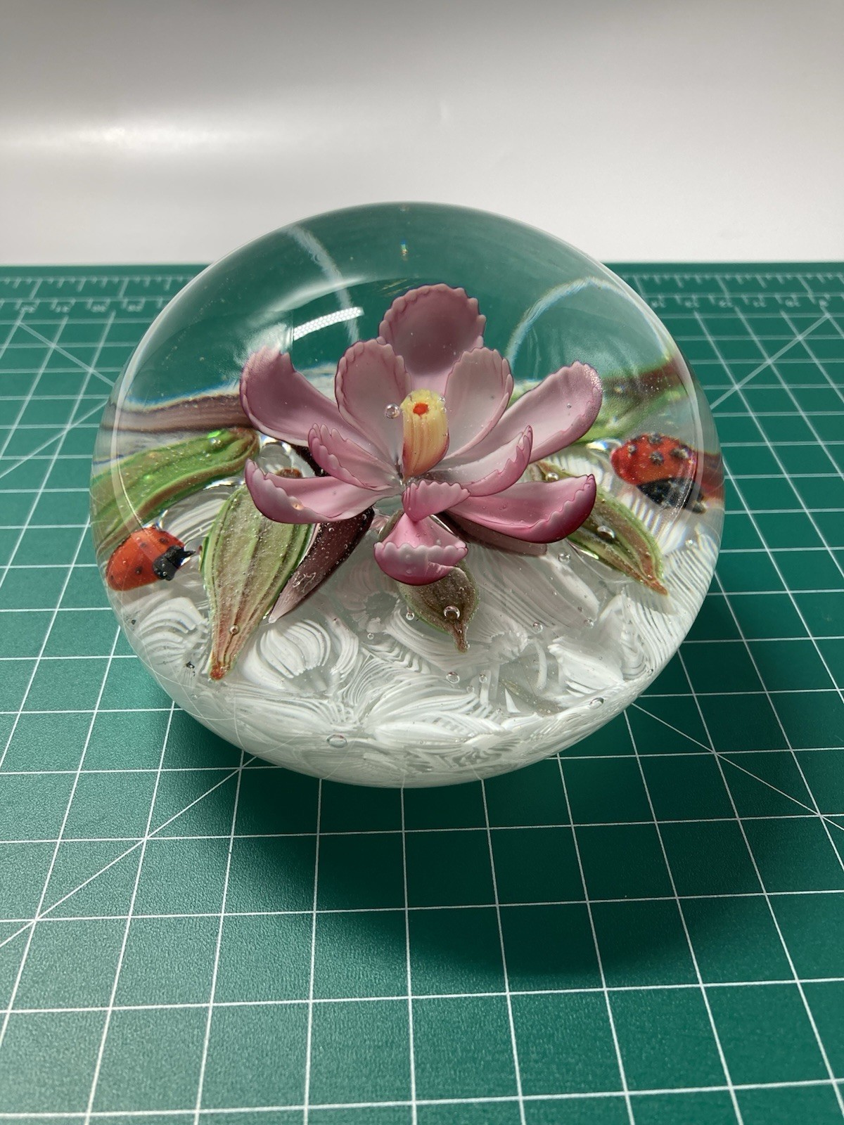 Orient And Flume Signed Paperweight Lampwork Floral Lady Bugs 4” 2.28 LB
