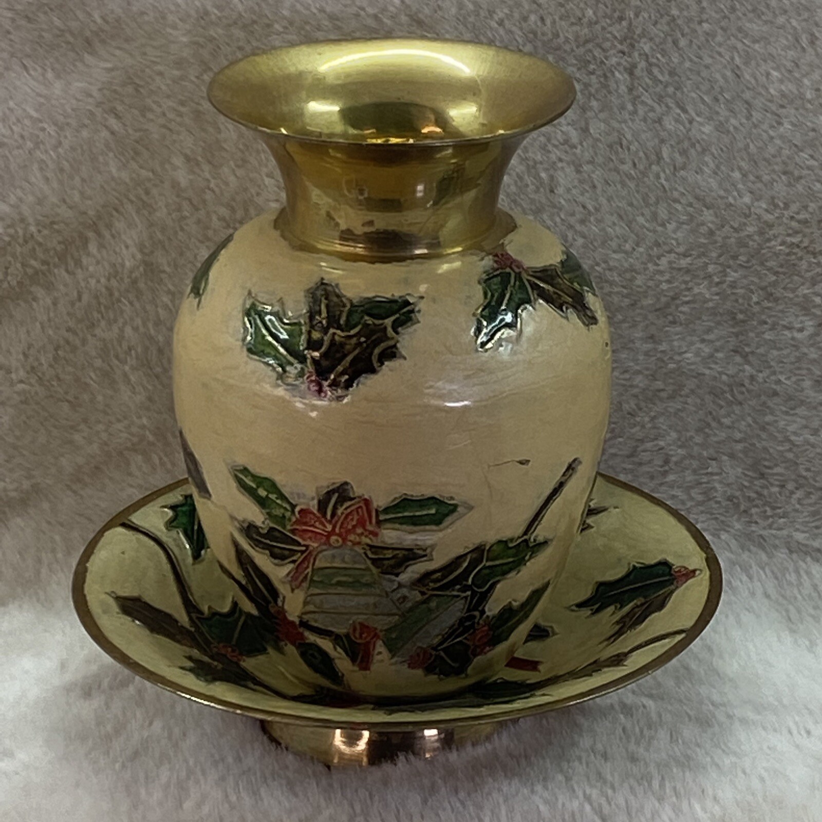 Vintage Cloisonne Enamel Finish Brass India Holly Bells Christmas Vase & Dish 5”