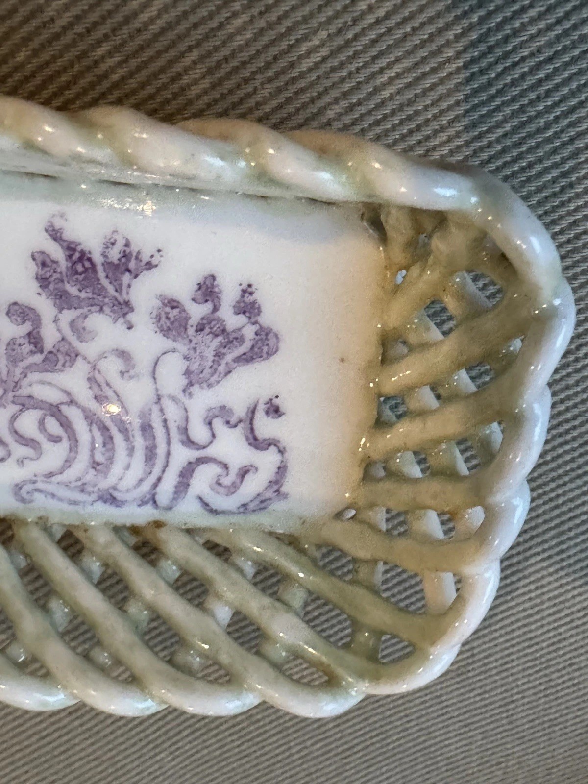 Antique White and Green with Purple Iris Floral Small Porcelain Rope Basket