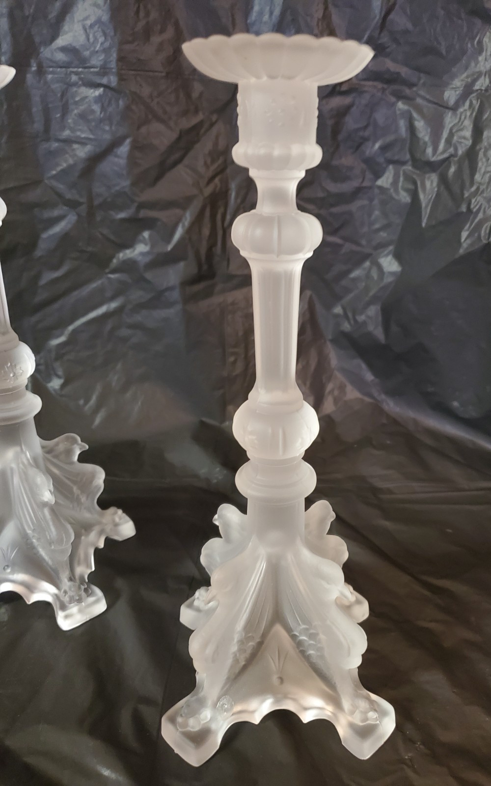 Pair Signed Val Saint Lambert Frosted Glass Candlestick Holders