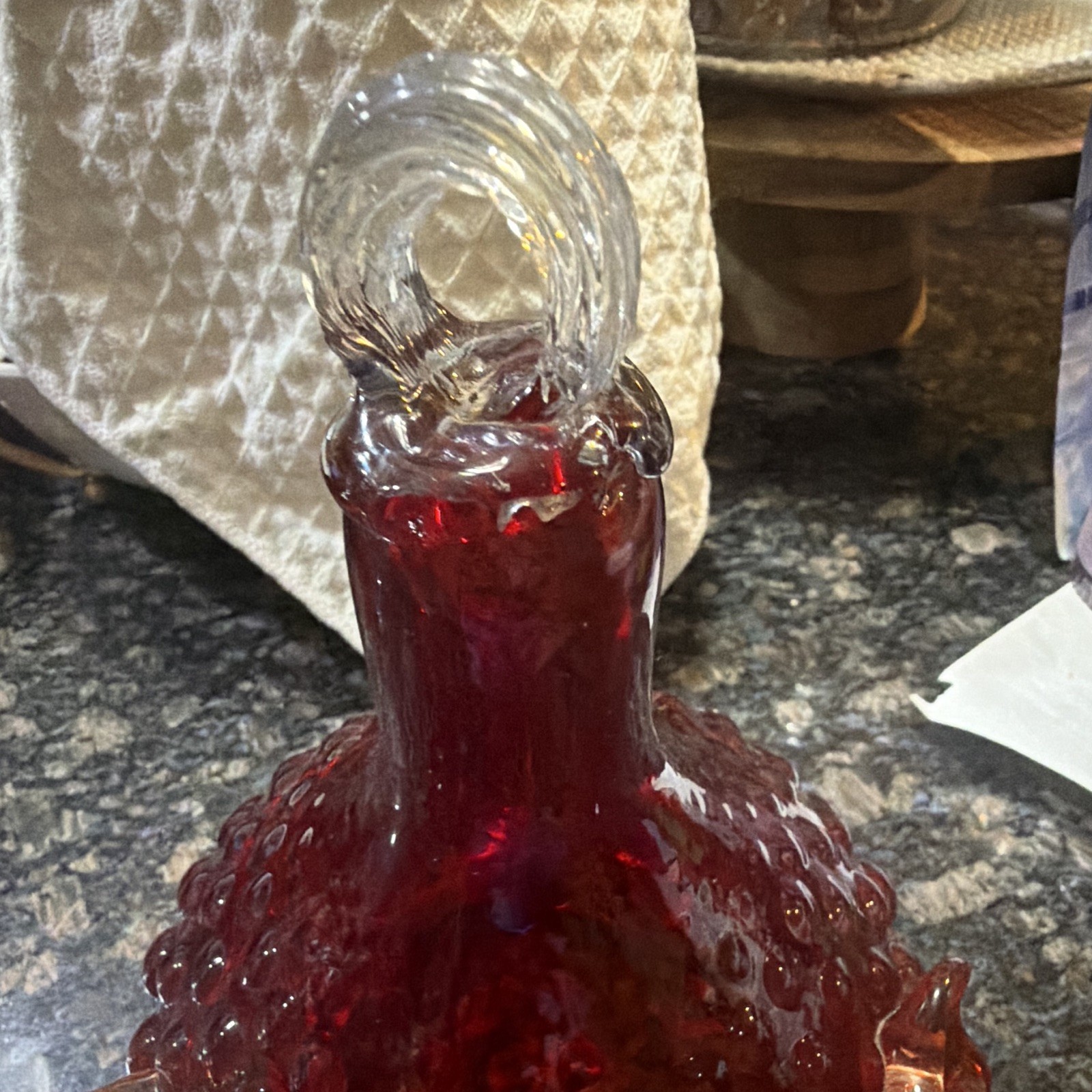 Unmarked Red & Clear Textured Translucent Glass Vase with Swirl Handle