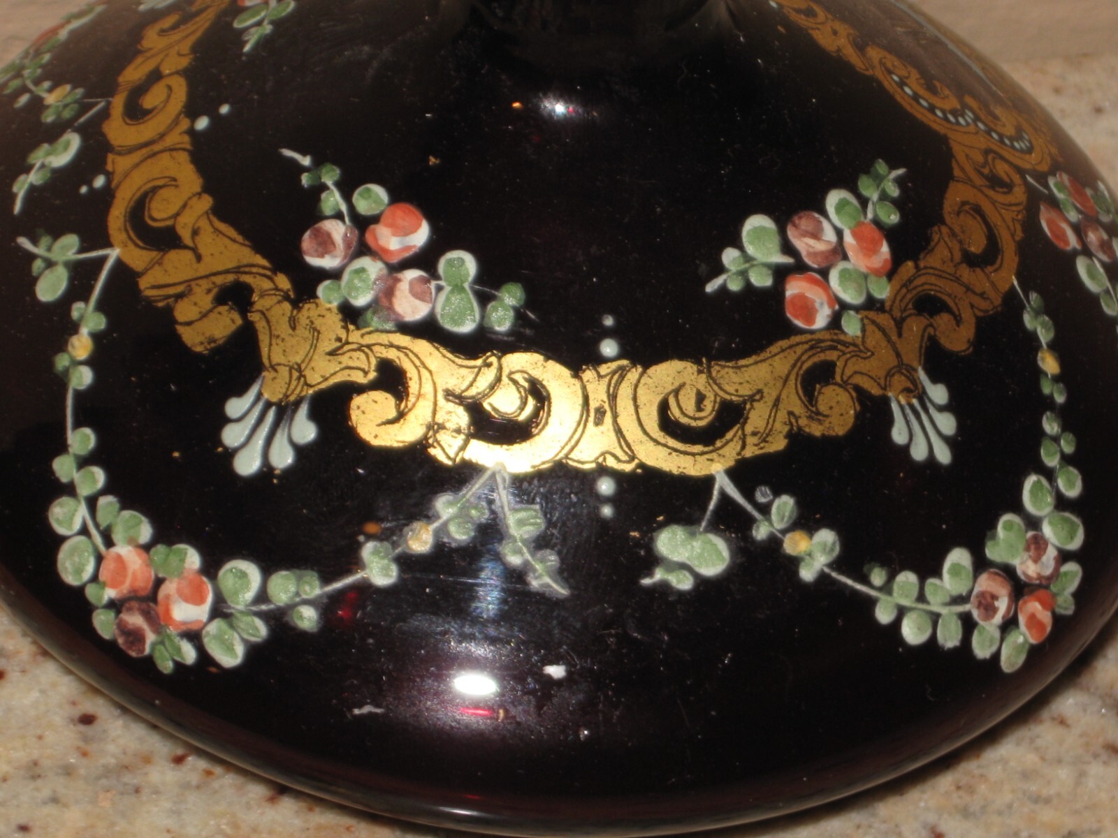 Antique Red Glass Moser Style Bohemian Hand Painted Vase- Raised Panel- Gold