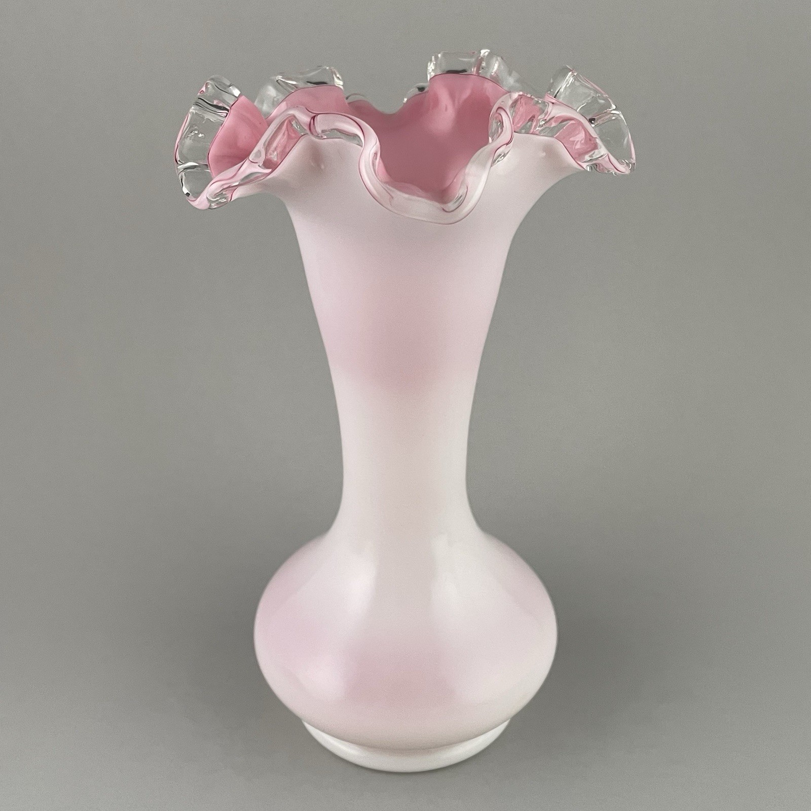 Vintage Fenton Peach Crest Vase Double Crimped Ruffled White Pink Cased Glass