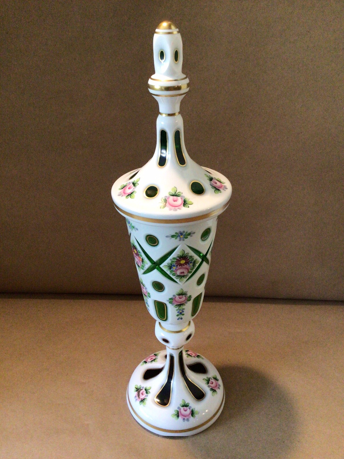 BOHEMIAN MOSER ART GLASS WHITE CASED CUT TO GREEN 15.5” COVERED FLORAL URN VASE
