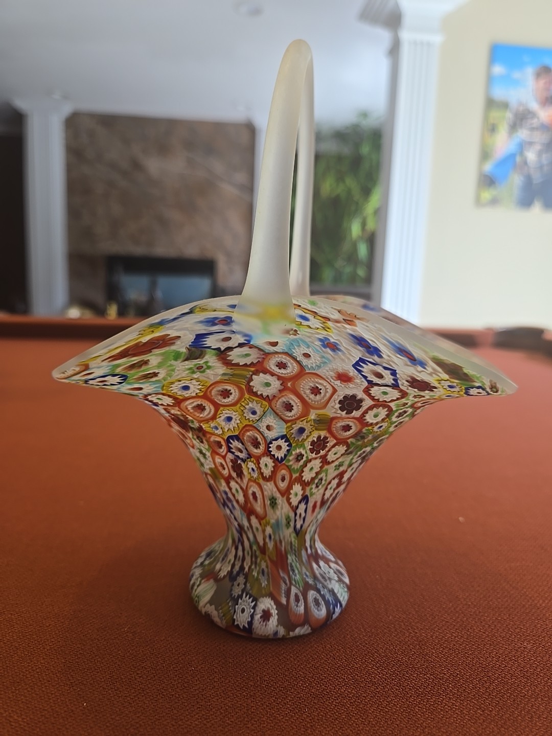 Mid 20th Century Satin Glass Fratelli Toso Millifiore Basket With Clear Handle