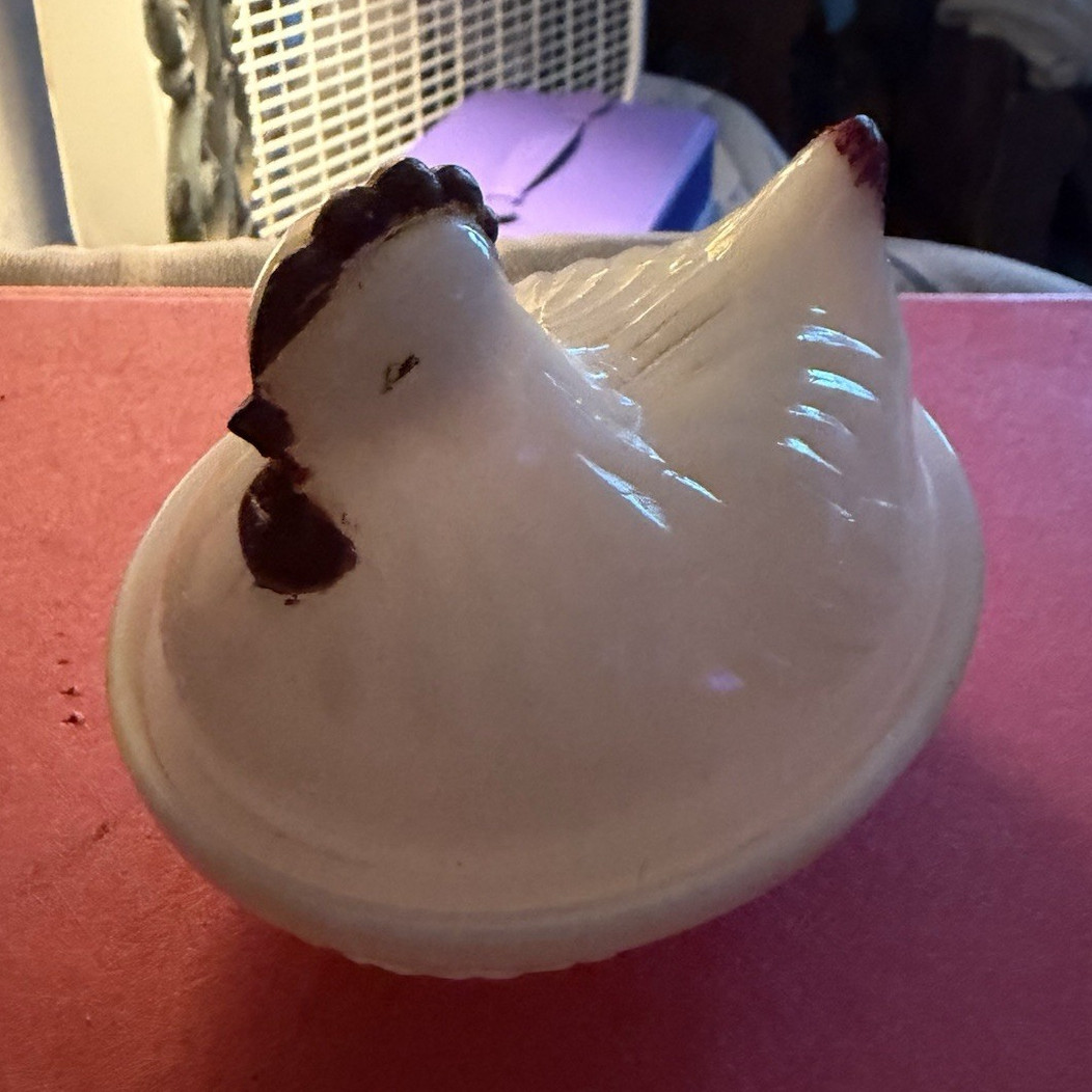 Milk Glass Hen Figurine White with Brown & Red Accents, Glossy Decorative Animal