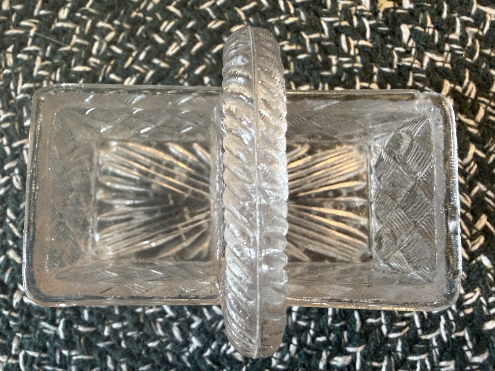 Vintage Clear Pressed Glass Basketweave Double Handled Condiment Basket Caddy